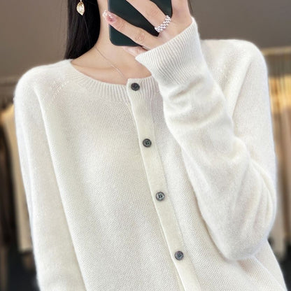 Elegant Wool Round Neck Long Sleeve Cashmere Cardigan