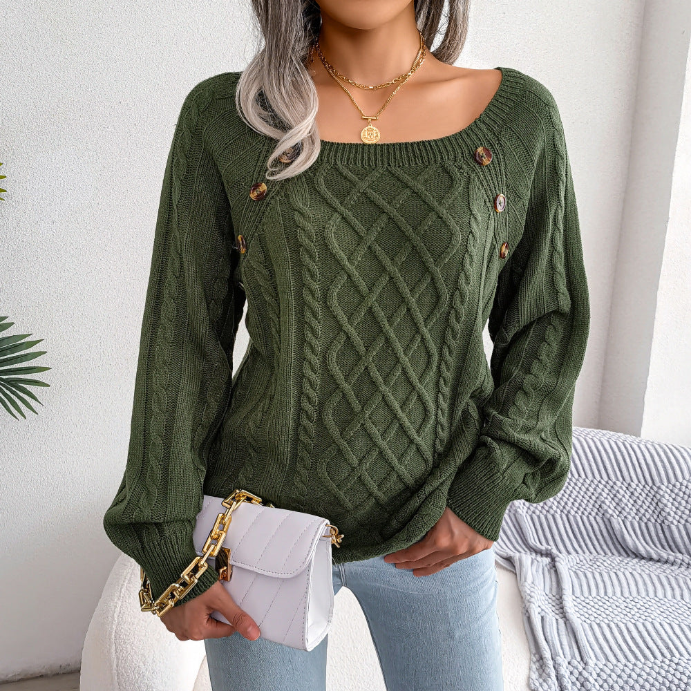 Casual Square Collar Button Twist Knit Pullover Sweater