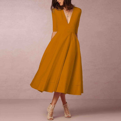 Sexy Deep V Mid-sleeve Large Swing Dress