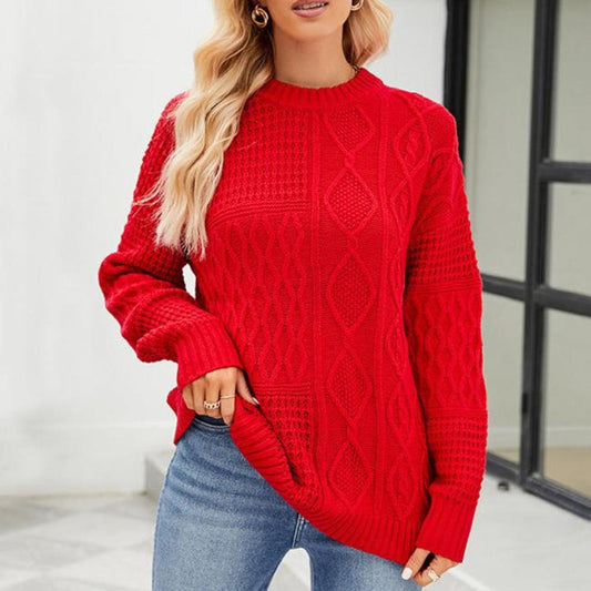 Casual Round-Neck Solid Color Cable-Knit Pullover Sweater