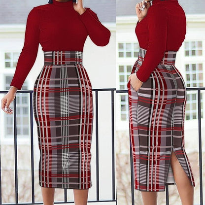 High Neck Split Waist Sheath Long Sleeve Dress