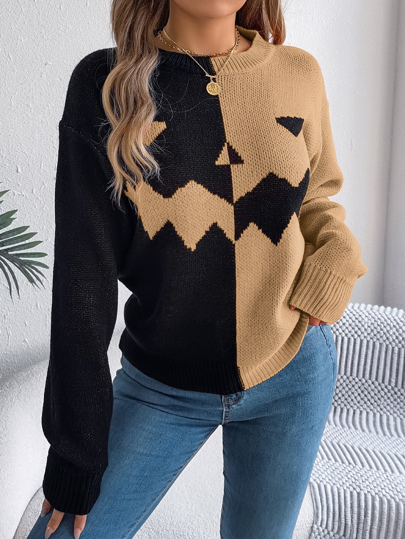 Halloween Contrast-Color Pullover Sweater