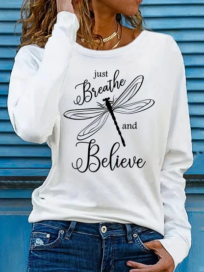 Dragonfly Pattern Round Neck Long Sleeve Top