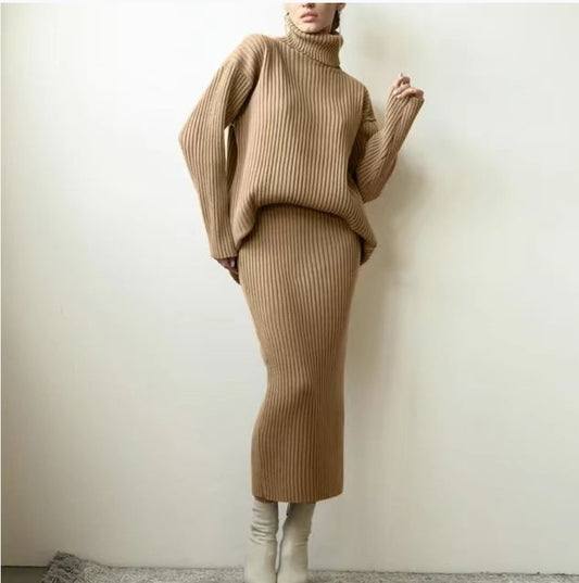 Loose High Neck Warm Sweater Two Piece Set