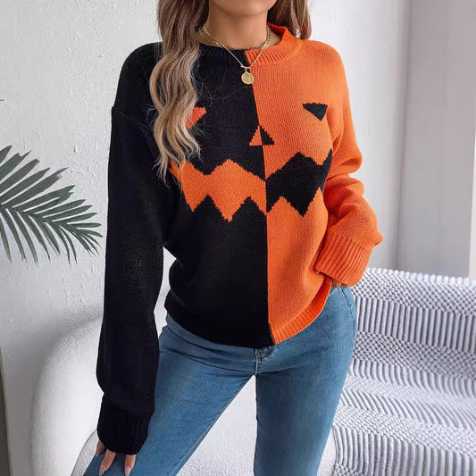 Halloween Contrast-Color Pullover Sweater