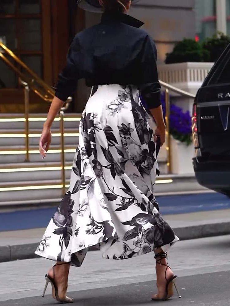 Solid Color Long-sleeved Shirt & Printed Wide Skirt Suit