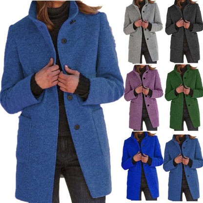 Vintage Solid Button Stand Collar Wool Coat