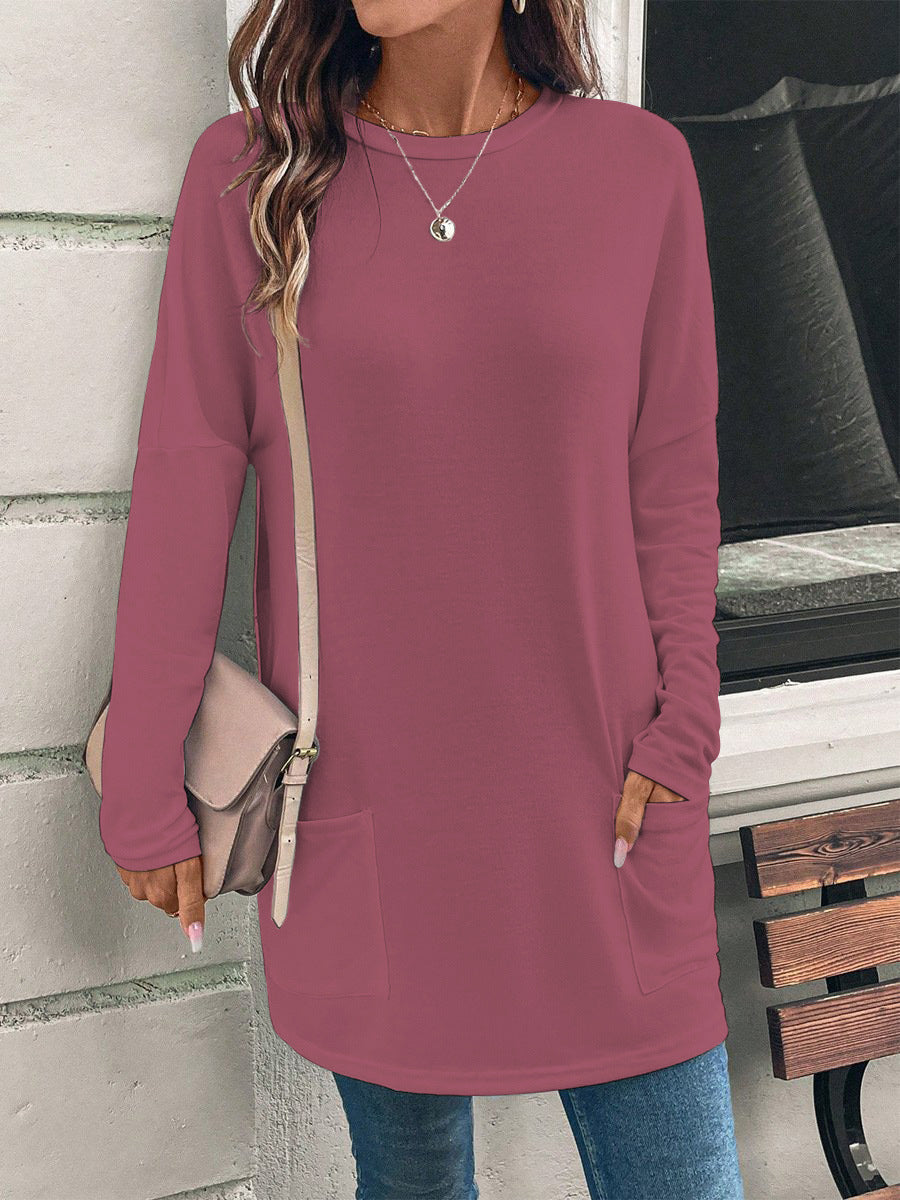 Solid Color Long Sleeve Loose Round Neck Pocket T-Shirt