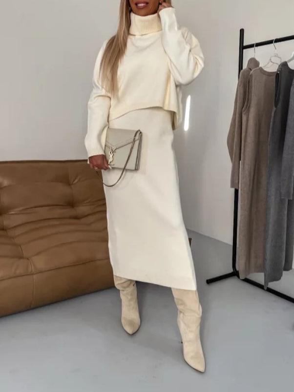 Modern Turtleneck Pullover and Sleeveless Long Dress Set