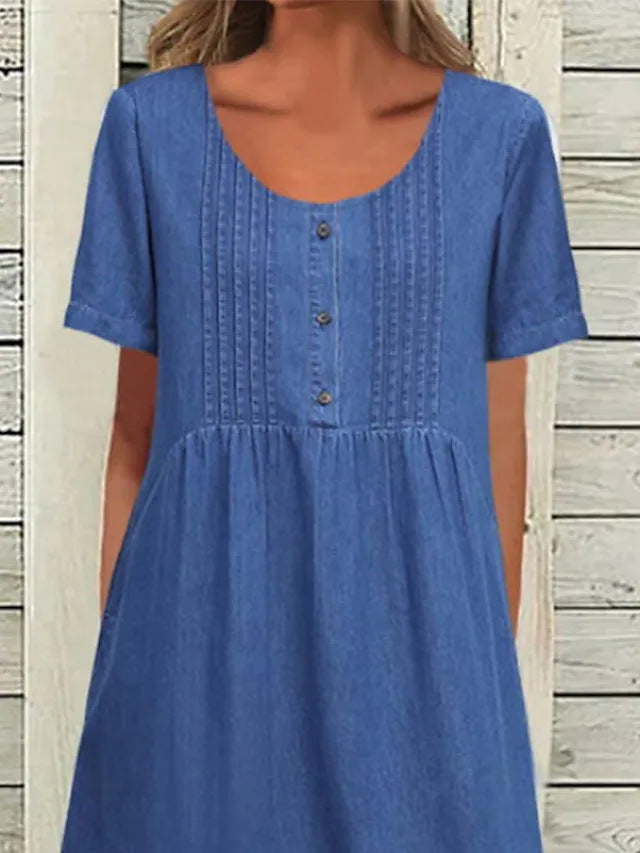 U-Shaped Collar Mid-Length Denim Short Sleeve Dress