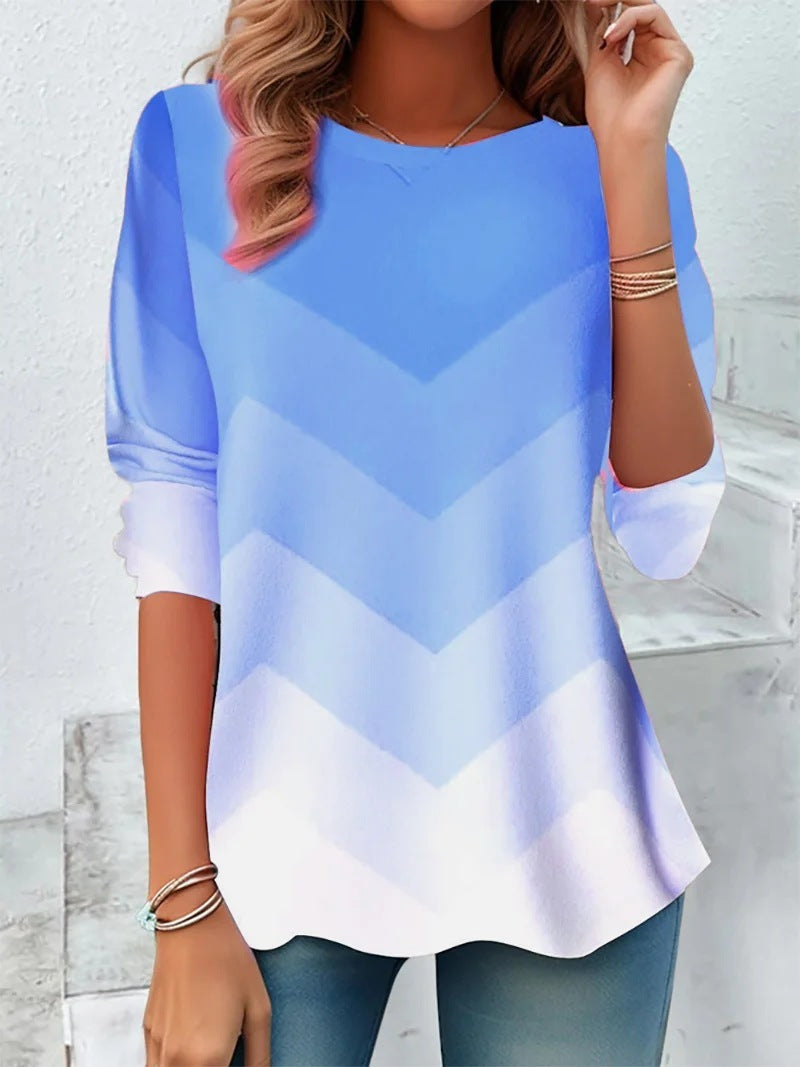 Round Neck Long Sleeve Striped Tie-dye Temperament Leisure Top