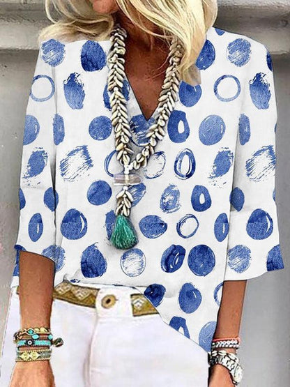 Abstract Blue Dot White V-Neck Tunic Top