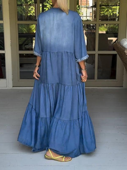 Blue Denim Plain 3/4 Sleeve Maxi Dress