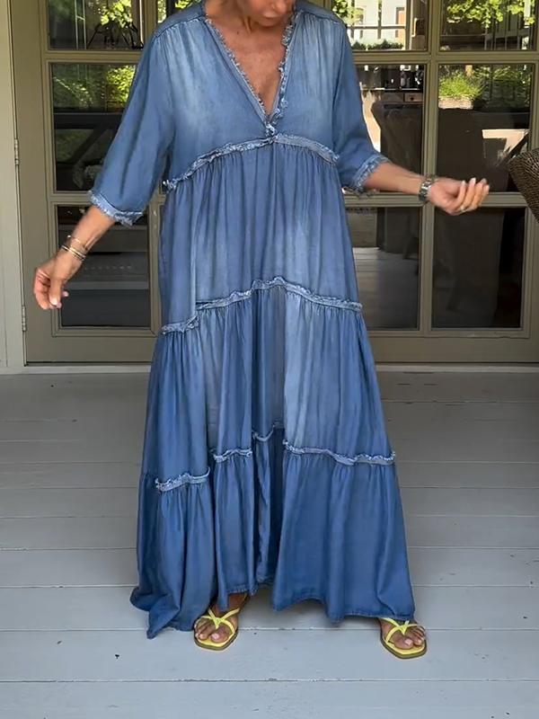 Blue Denim Plain 3/4 Sleeve Maxi Dress