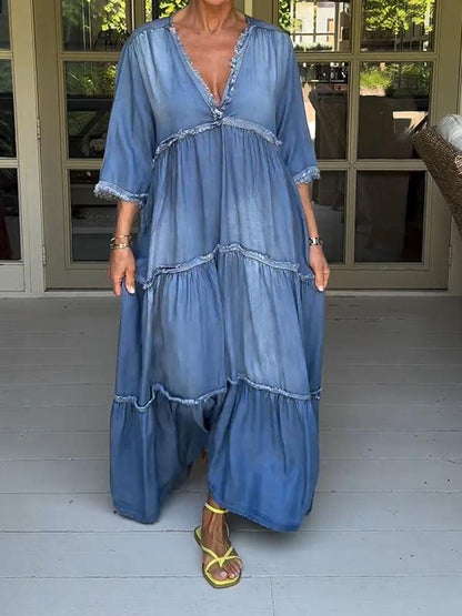 Blue Denim Plain 3/4 Sleeve Maxi Dress