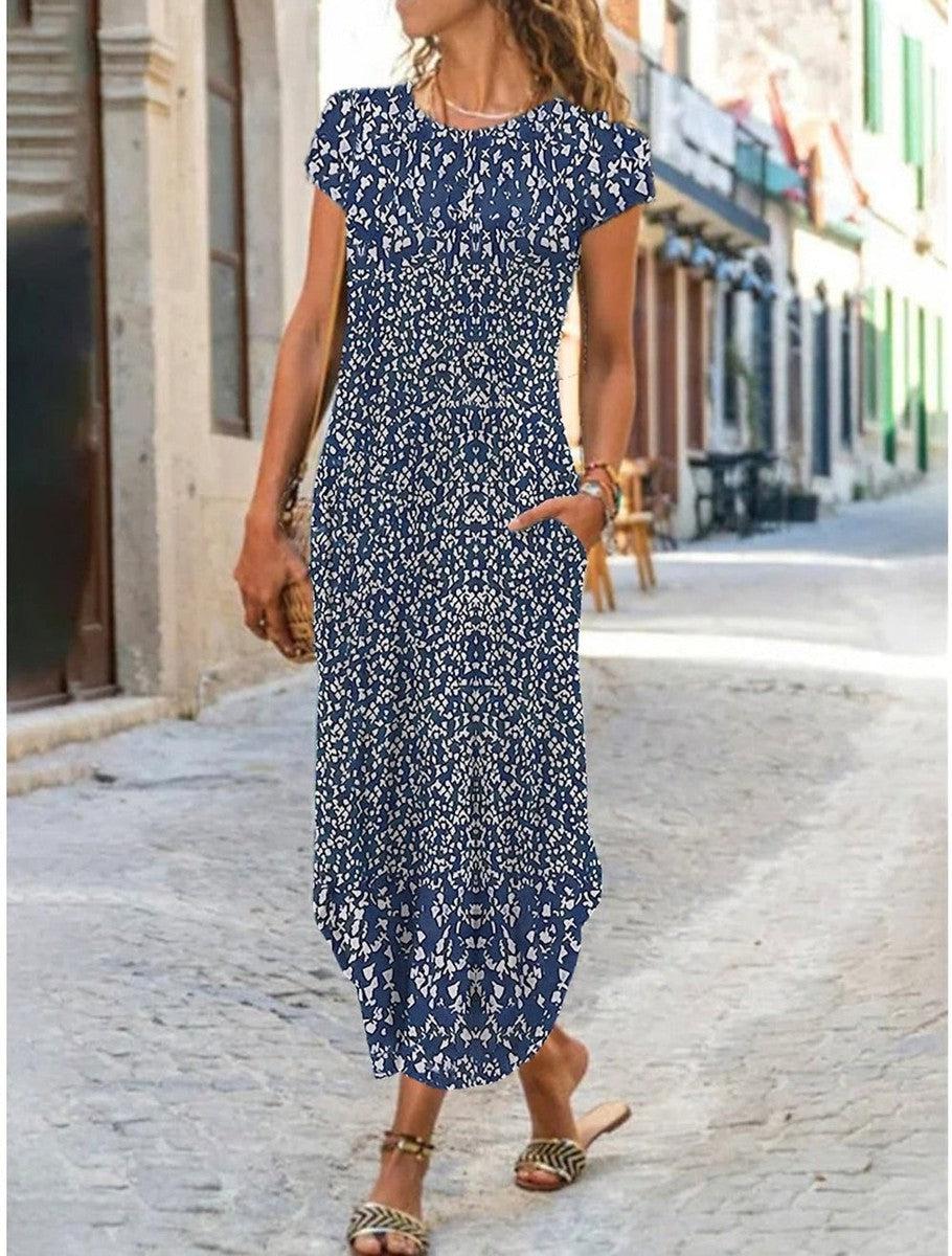 Royal Blue White Floral Print Round Collar Maxi Dress