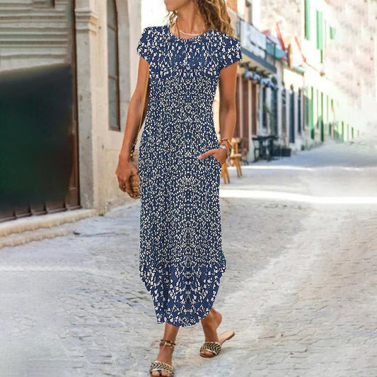 Royal Blue White Floral Print Round Collar Maxi Dress