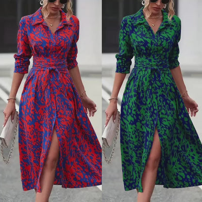 Printed Button Front Elegant Long Sleeve Midi Dress